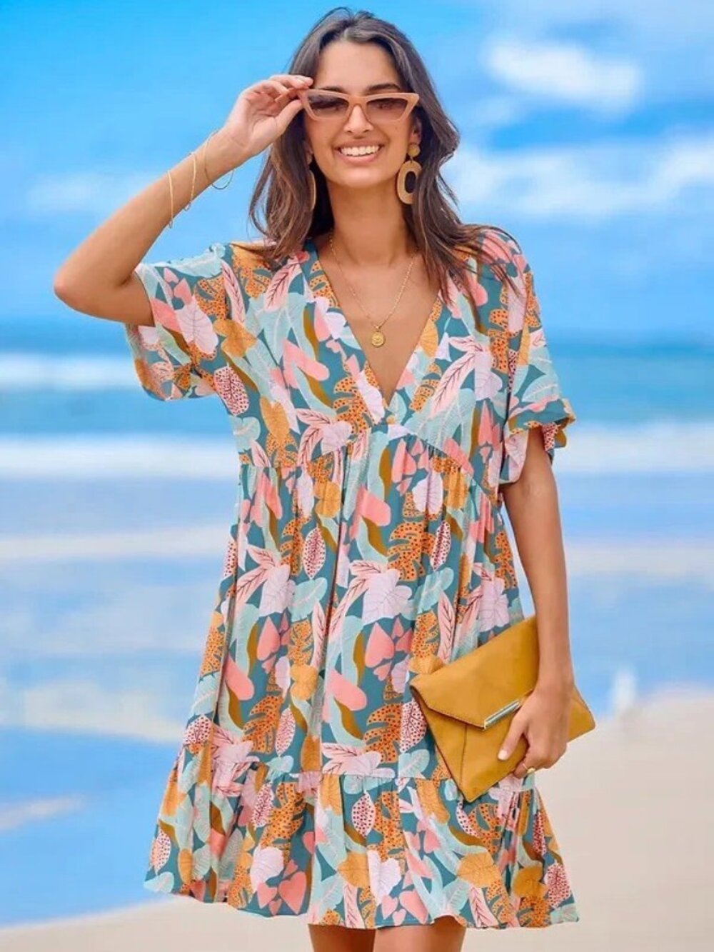 Cupshe Soft Tropics Short Sleeve Mini Dress Womens Size L NWT